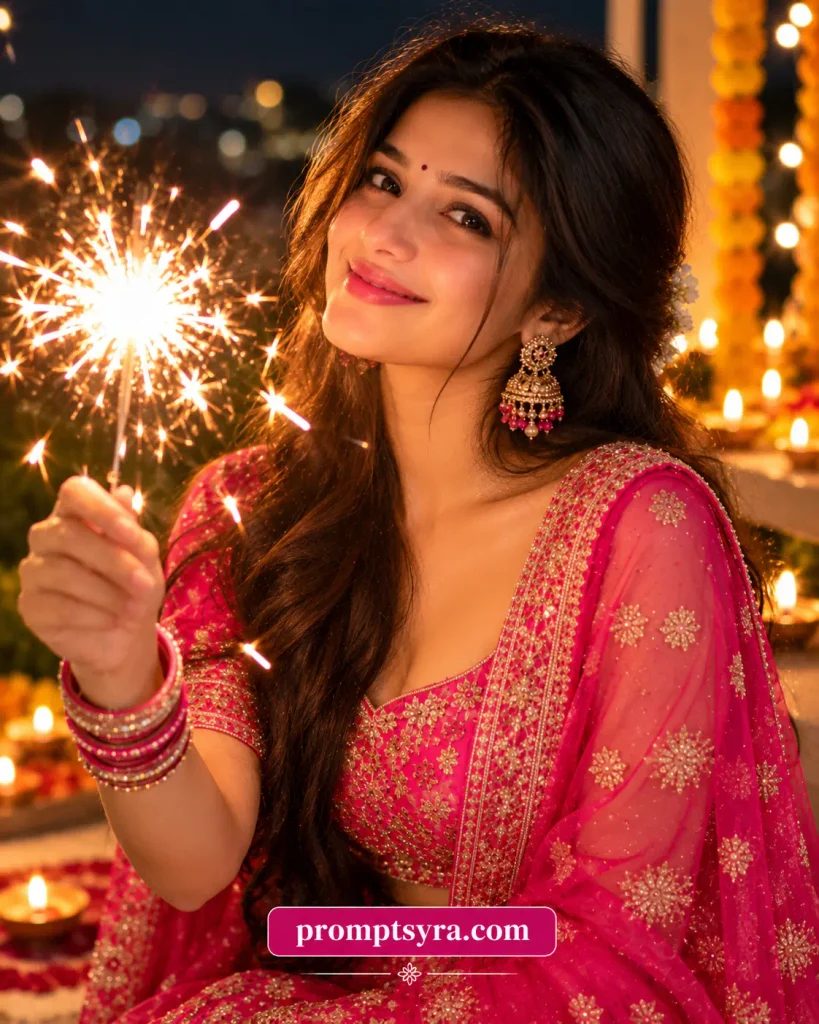 Pink Lehenga Diwali Sparkler AI Photo Prompts: 11 Festive Portrait Ideas for Girls 2 Prompt 1: Chin-Height Sparkler Glow on a Dark Balcony