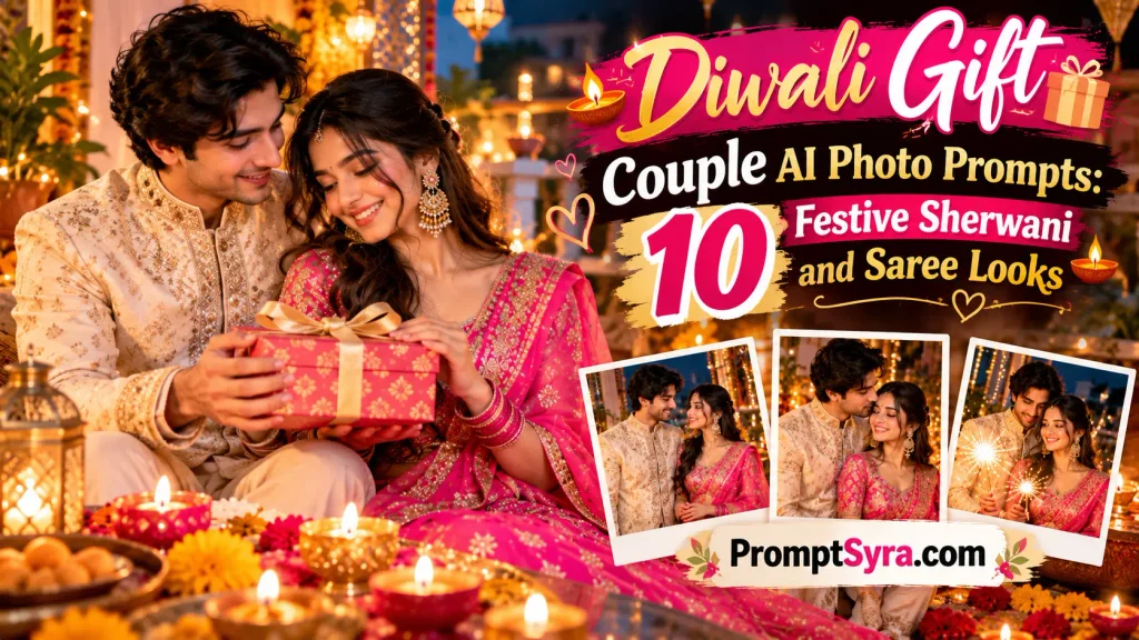 Diwali Gift Couple AI Photo Prompts 10 Festive Sherwani and Saree Looks