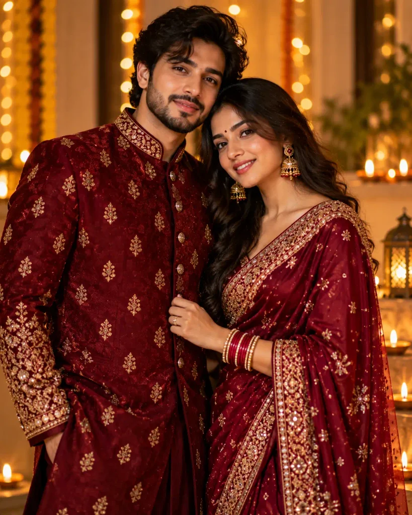 Diwali Gift Couple AI Photo Prompts: 10 Festive Sherwani and Saree Looks 2 Prompt 1: Formal Standing Portrait — Clean Background, Coordinated Outfits