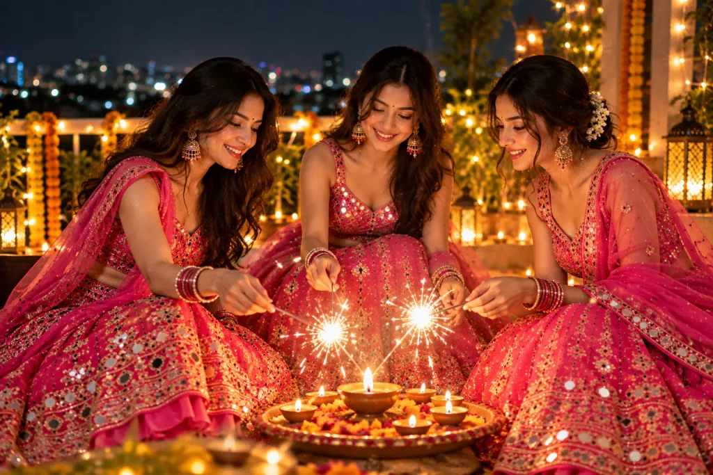 Pink Lehenga Diwali Sparkler AI Photo Prompts: 11 Festive Portrait Ideas for Girls 11 Prompt 10: Three Friends Lighting Sparklers from One Flame