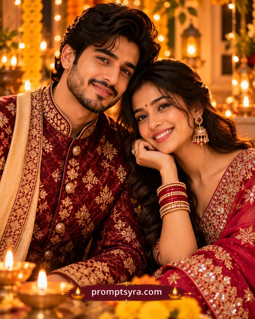 Diwali Gift Couple AI Photo Prompts: 10 Festive Sherwani and Saree Looks 11 Prompt 10: Warm Looking-at-Camera Portrait — Festive Greeting Card Style