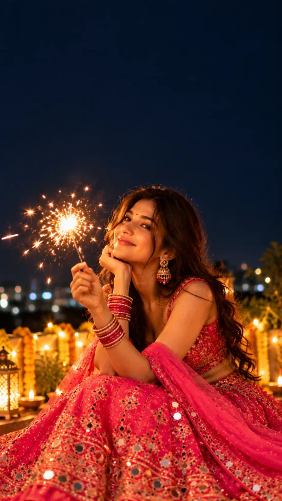 Pink Lehenga Diwali Sparkler AI Photo Prompts: 11 Festive Portrait Ideas for Girls 12 Prompt 11: Vertical Reel Cover with Space for Your Title