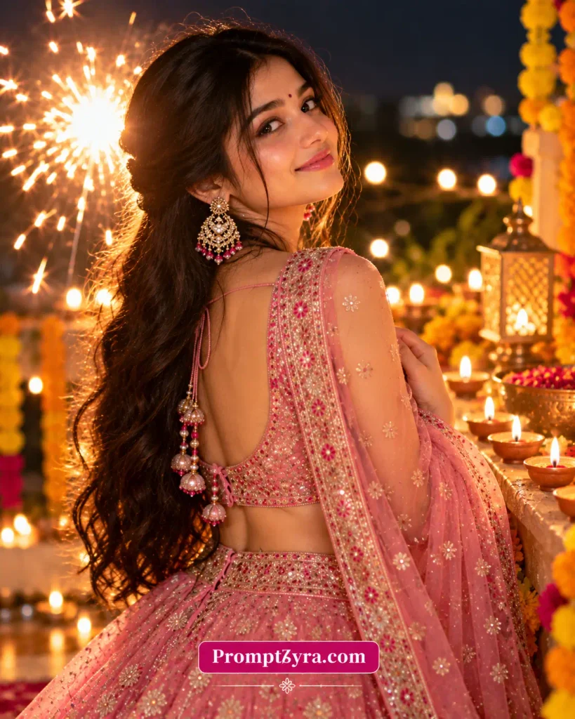 Pink Lehenga Diwali Sparkler AI Photo Prompts: 11 Festive Portrait Ideas for Girls 3 Prompt 2: Over-the-Shoulder Glance with a Sparkler Rim Light