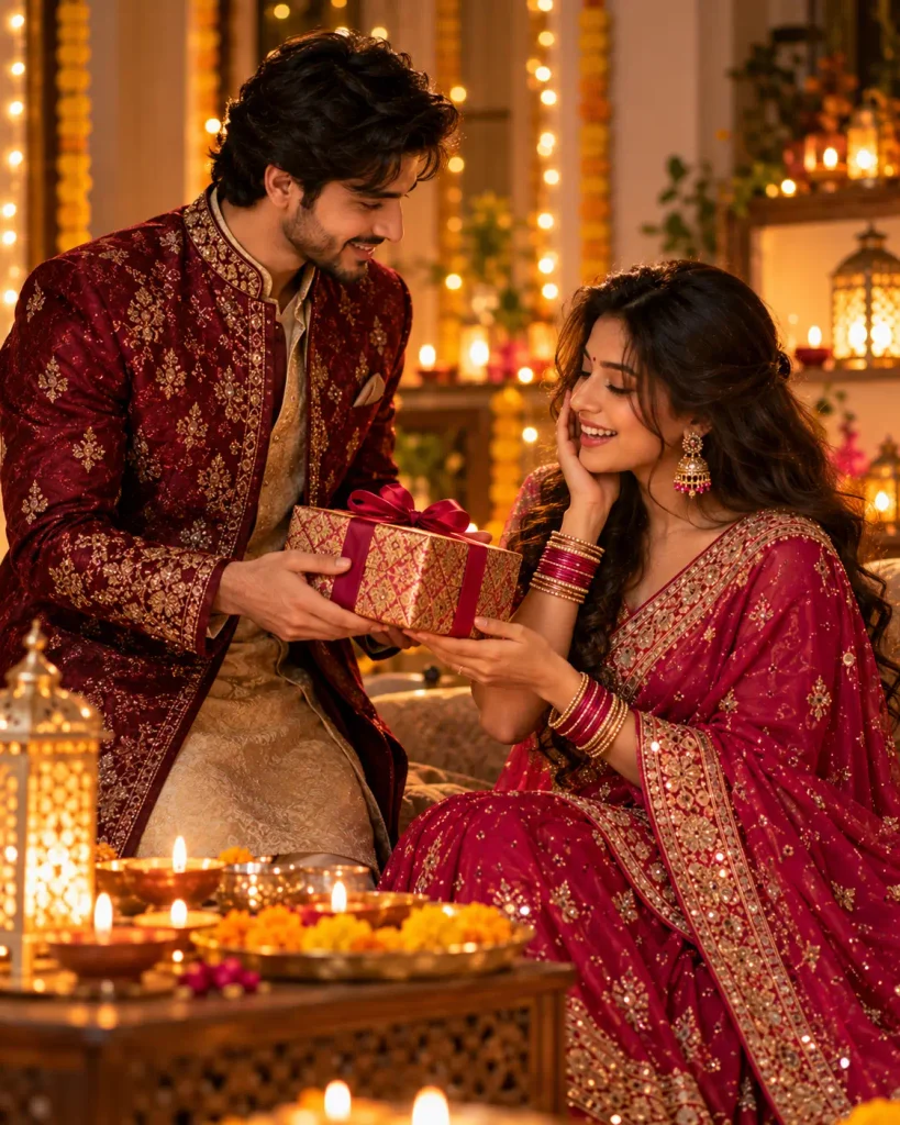 Diwali Gift Couple AI Photo Prompts: 10 Festive Sherwani and Saree Looks 3 Prompt 2: Presenting a Diwali Gift — The Exchange Moment