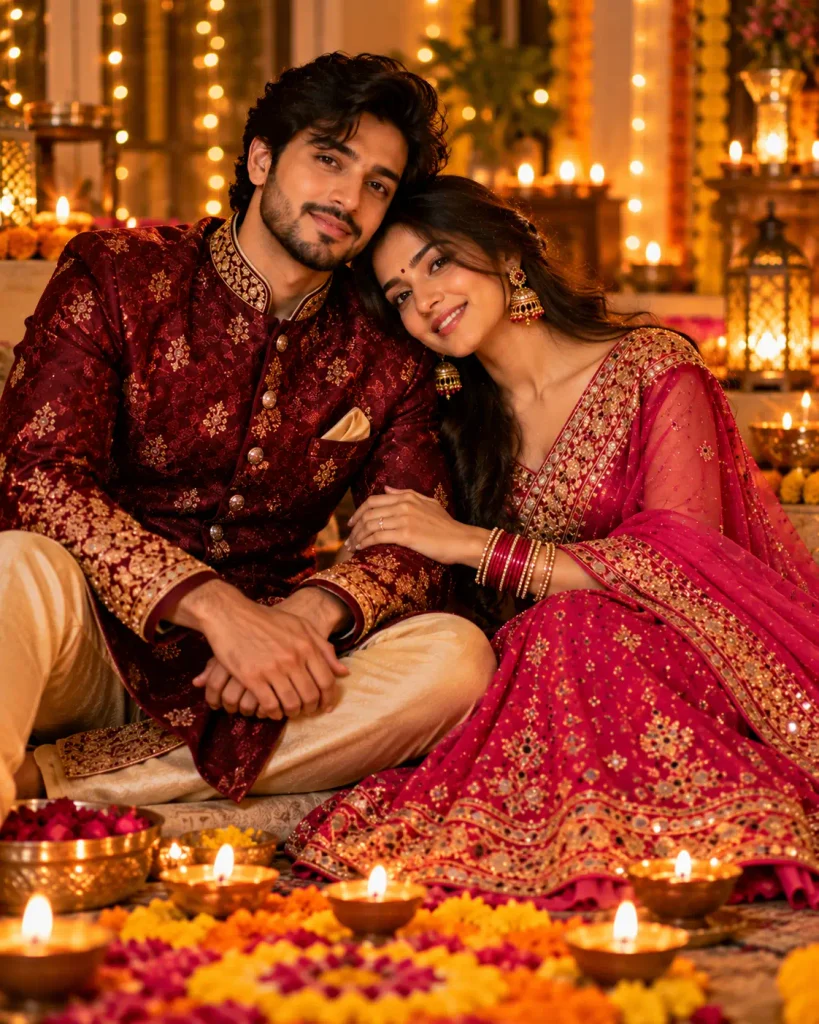 Diwali Gift Couple AI Photo Prompts: 10 Festive Sherwani and Saree Looks 4 Prompt 3: Seated Together — Intimate Diwali Interior