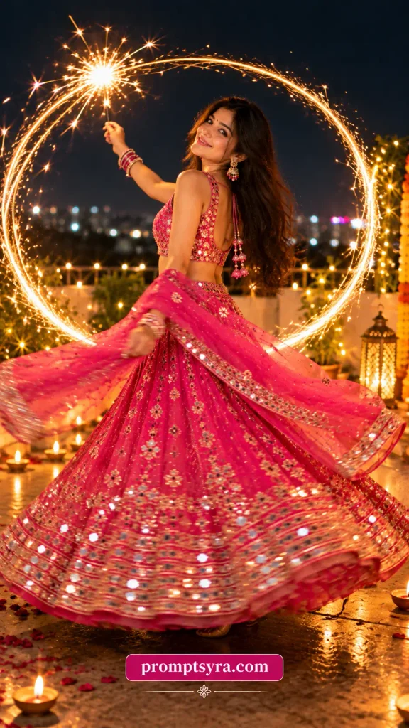 Pink Lehenga Diwali Sparkler AI Photo Prompts: 11 Festive Portrait Ideas for Girls 5 Prompt 4: Heart-Shaped Light Trail Drawn in the Air