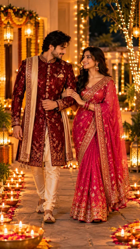 Diwali Gift Couple AI Photo Prompts: 10 Festive Sherwani and Saree Looks 5 Prompt 4: Walking Together — Full-Figure Outdoor Courtyard