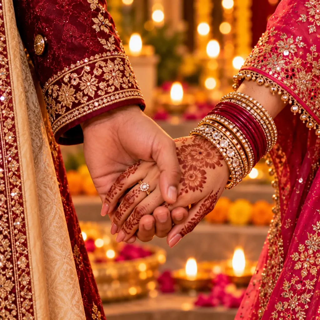 Diwali Gift Couple AI Photo Prompts: 10 Festive Sherwani and Saree Looks 6 Prompt 5: Hands Together — Jewelry and Fabric Detail