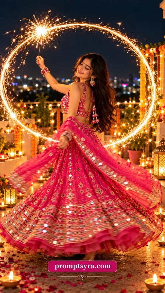 Pink Lehenga Diwali Sparkler AI Photo Prompts: 11 Festive Portrait Ideas for Girls 6 Prompt 5: Twirl with a Circular Sparkler Trail