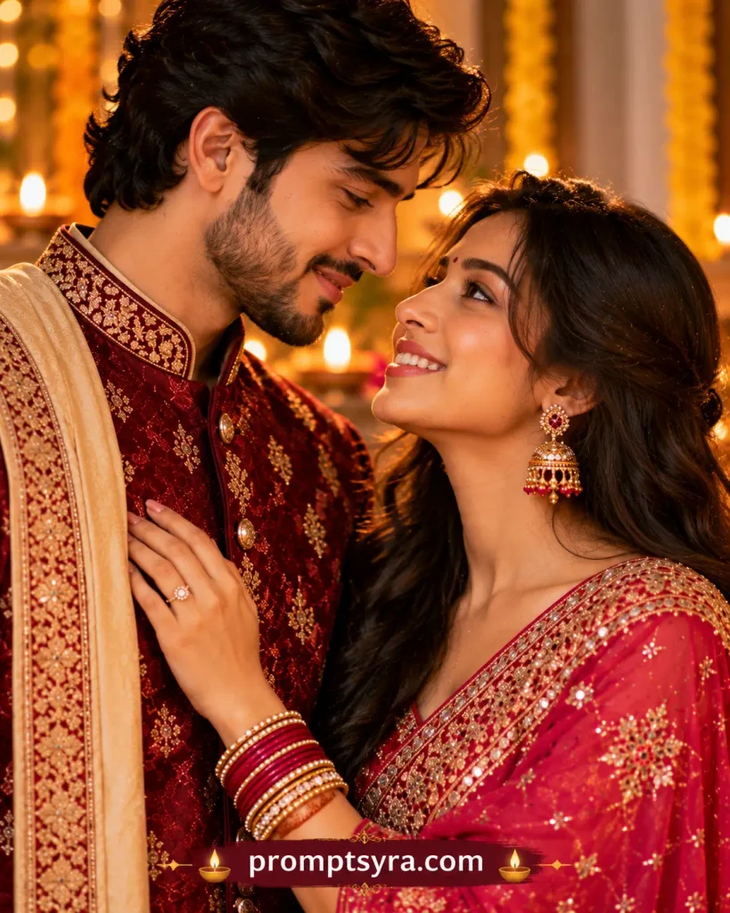 Diwali Gift Couple AI Photo Prompts: 10 Festive Sherwani and Saree Looks 7 Prompt 6: Looking at Each Other — Close Intimate Portrait