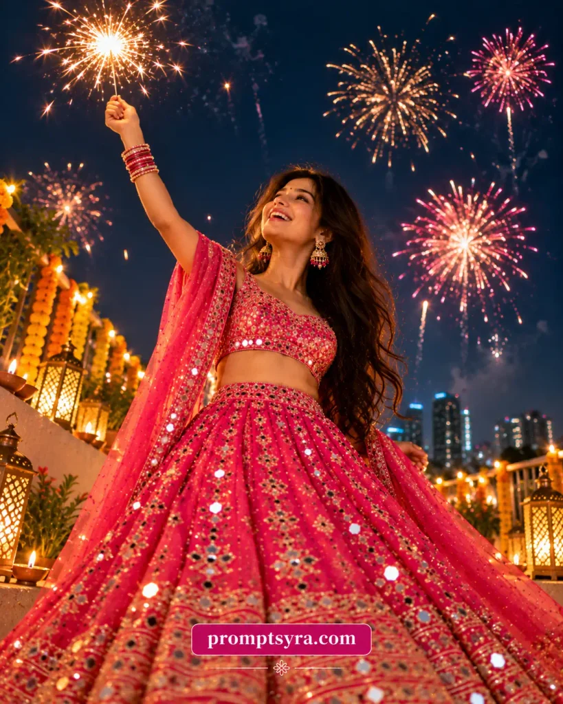 Pink Lehenga Diwali Sparkler AI Photo Prompts: 11 Festive Portrait Ideas for Girls 7 Prompt 6: Low-Angle Hero Shot Under Fireworks
