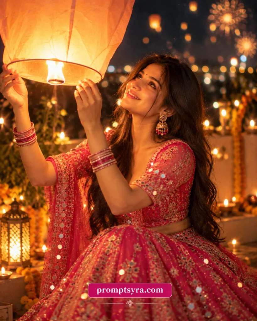 Pink Lehenga Diwali Sparkler AI Photo Prompts: 11 Festive Portrait Ideas for Girls 8 Prompt 7: Lantern-Lit Portrait with Sparkler Bokeh