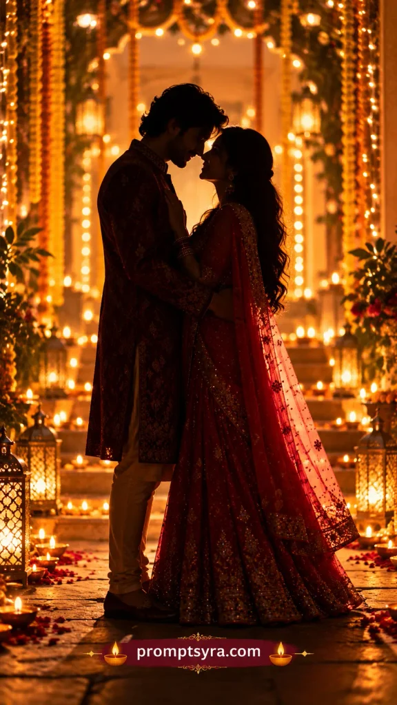 Diwali Gift Couple AI Photo Prompts: 10 Festive Sherwani and Saree Looks 8 Prompt 7: Silhouette Against Diwali Lights