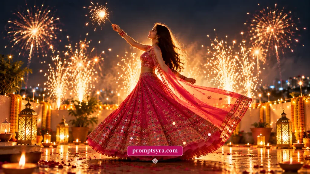 Pink Lehenga Diwali Sparkler AI Photo Prompts: 11 Festive Portrait Ideas for Girls 9 Prompt 8: Backlit Silhouette in a Sparkler-Lit Courtyard