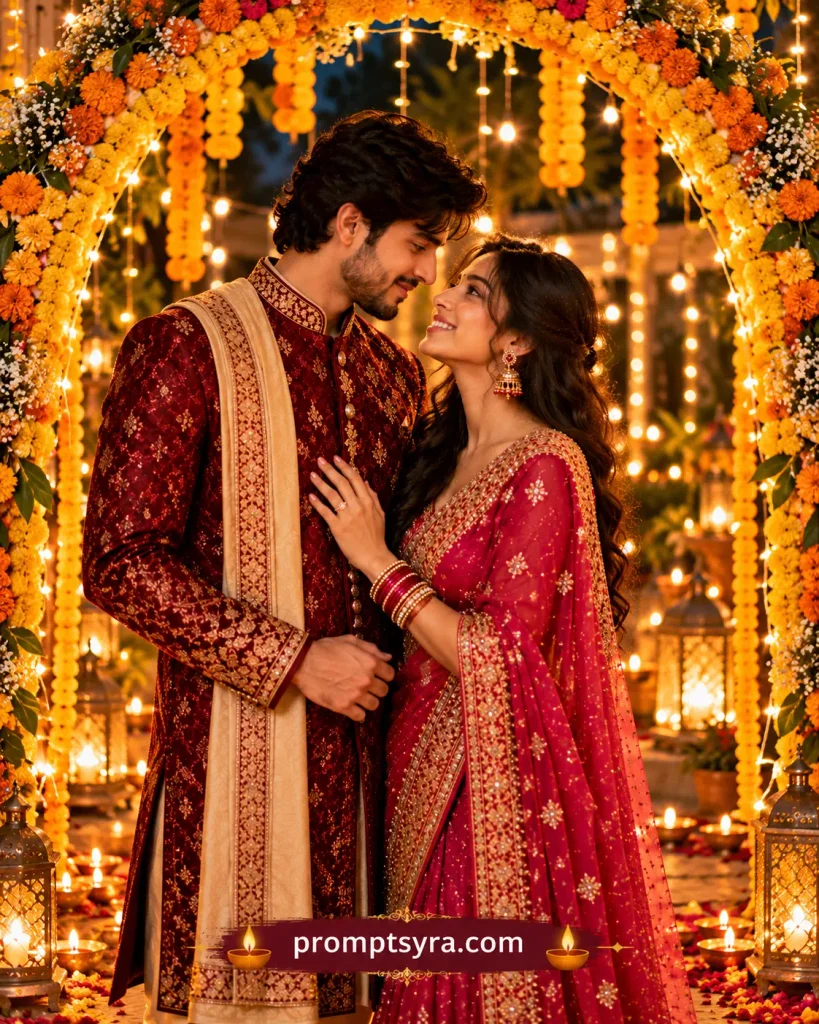 Diwali Gift Couple AI Photo Prompts: 10 Festive Sherwani and Saree Looks 9 Prompt 8: Under a Marigold and Light Canopy — Decorated Arch Setting