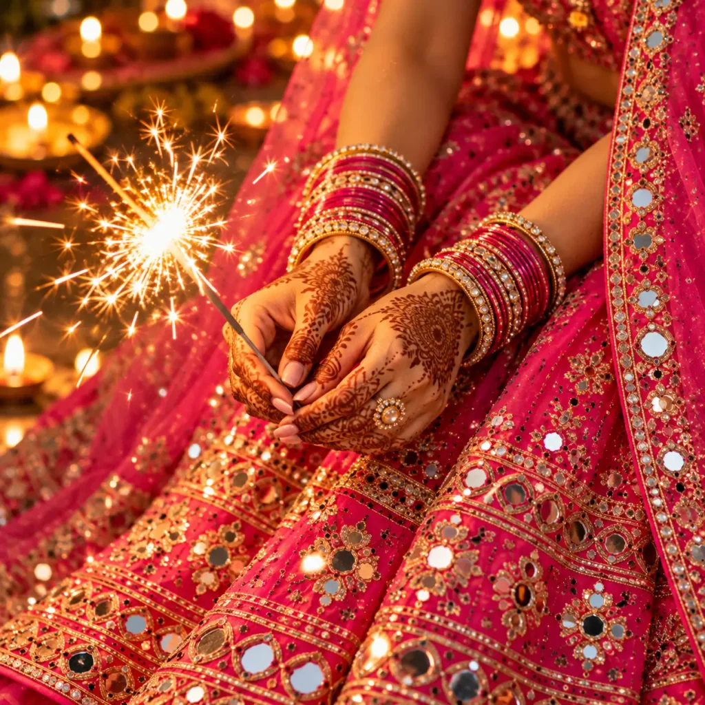 Pink Lehenga Diwali Sparkler AI Photo Prompts: 11 Festive Portrait Ideas for Girls 10 Prompt 9: Close-Up of Mehndi Hands, Bangles, and a Sparkler