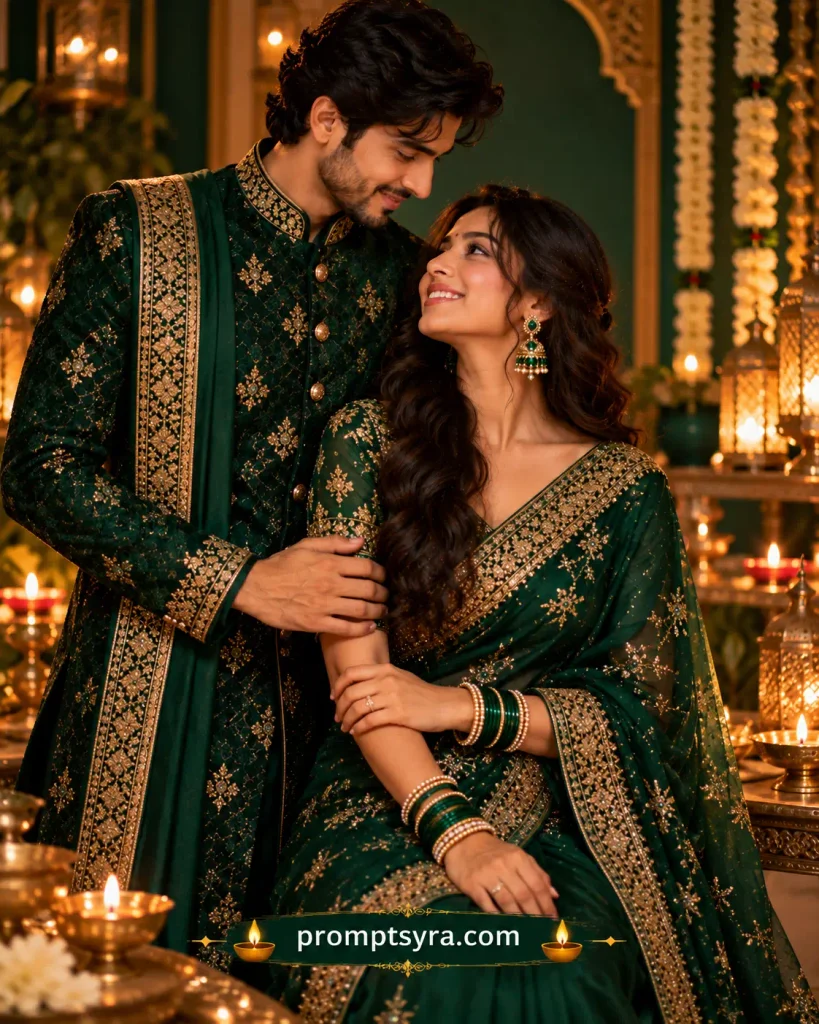 Diwali Gift Couple AI Photo Prompts: 10 Festive Sherwani and Saree Looks 10 Prompt 9: Coordinated Color Portrait — Matching Jewel Tones, Elegant Formal